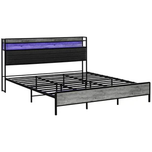 HOMCOM LED King Size Bed Frame with Headboard Charging Station, Cement Gray - Picture 1 of 11