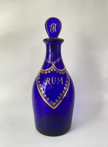 Antique c1810 Bristol Blue Glass Decanter Rum Gilt Highlights Chain & Stopper - Picture 1 of 18