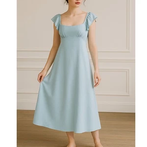Madewell NWT Flutter Sleeve Maxi Slip Dress Satin Blue Sz 8 Regency Bridgerton - Picture 1 of 15