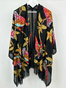 ANU Embroidered Shawl Wrap One Size Black Print Women's Bird Floral Fringe Boho - Picture 1 of 5