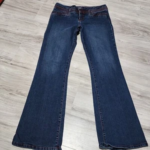 Vintage Bebe Womens size 31 Dark Wash Jeans Flare Leg Stiff Denim Red Contrast s - Picture 1 of 11