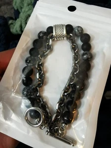 Black Lava Rock & Grey Swirl Bead Bracelet - Picture 1 of 4
