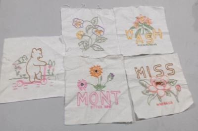 Vtg QUILT SQUARES State Flowers LOT  5 Needlework Blocks Crewel Embroidery Pink - Image 1 of 4