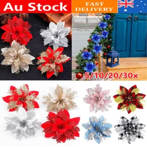 20/10pcs Christmas Poinsettia Glitter Flower Tree Hanging Decoration Xmas Party - Picture 1 of 22
