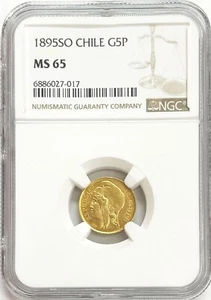 1895 SO GOLD CHILE 5 PESOS STANDING LIBERTY COIN SANTIAGO MINT NGC MINT STATE 65 - Picture 1 of 2