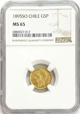 1895 ТАК ЗОЛОТОЙ ЧИЛИ 5 ПЕСО СТОЯЩАЯ СВОБОДА МОНЕТА САНТЬЯГО МОНЕТНЫЙ ДВОР NGC МОНЕТНЫЙ ДВОР СОСТОЯНИЕ 65 - Изображение 1 из 2