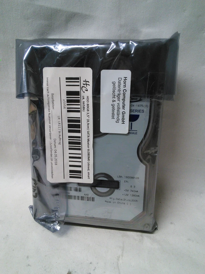 HDD 80GB 3,5" (8,9cm) SATA Maxtor 6L080M0 (shred, smart ok, 6658h) - Bild 1 von 1
