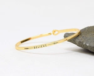 BELIEVE (ARROW) | Inspired Message Engraved Simple Bangle | GOLD - Picture 1 of 9