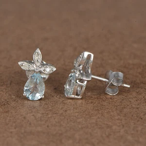 7x5mm Pear Aquamrine Gemstone Diamond Sterling Silver Womens Stud Earrings - Picture 1 of 2