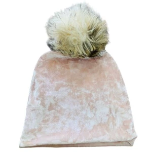 The Minted Moose Kids Velour Beanie Hat Faux Fur Pom Pom 1-4 Years Blush Pink - Picture 1 of 6