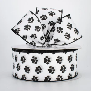 HUGE Black PAW PRINT White Wired Ribbon 2.5" 150 Ft Paw Prints 2 1/2" Wire Edged - Picture 1 of 2
