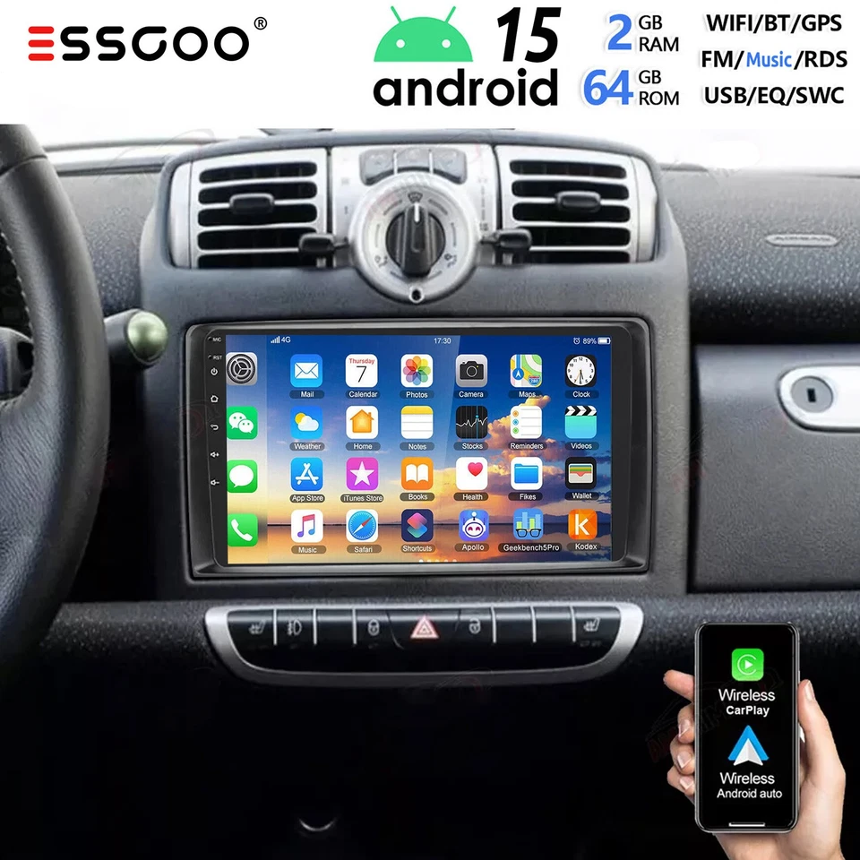 Für Smart Fortwo 451 2005-10 64G Android 15 Autoradio Apple Carplay GPS Navi RDS - Bild 1 von 4