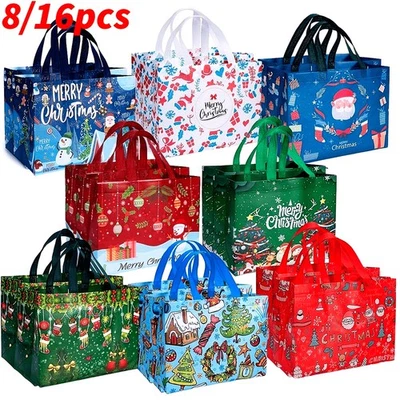 Paquete de 8 16 24 bolsas de regalo de Navidad bolsas de mano reutilizables con asa para fiesta de Navidad Foto 1 de 4