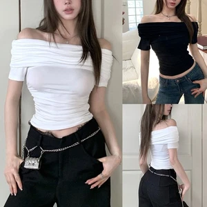 Retro Glam Women's Slim Fit T Shirt Off Shoulder Crop Top in Two Colors - Picture 1 of 36