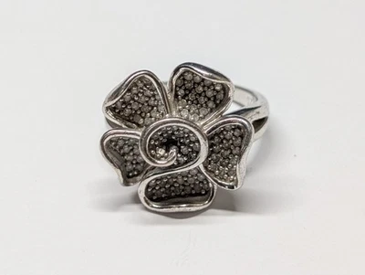 Sterling Silver Diamond Flower Ring Size 8 - Image 1 of 4
