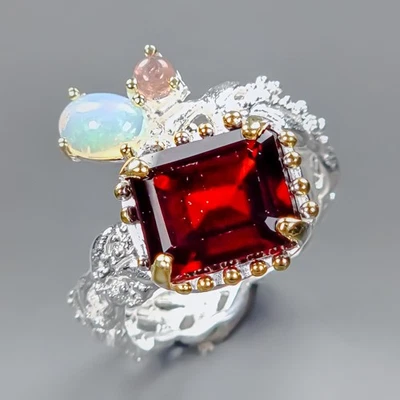 Anel de hessonita natural feito à mão 4 quilates prata esterlina 925 tamanho 9/R435827 - Imagem 1 de 4