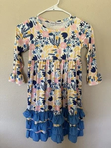 Yellow Blue Floral Long Sleeve Girls Dress - Picture 1 of 3