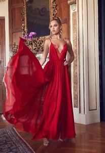 Michael Costello x Revolve Justin Chiffon Lace Sleeveless Maxi Dress Gown Red XS - Picture 1 of 24
