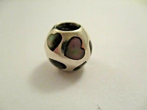 Pandora 925 Sterling Silver Black Hearts Abalone Inlay Round Charm Bead - Picture 1 of 3