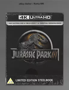 JURASSIC PARK 3 III - UK EXCLUSIVE 4K + BLU RAY STEELBOOK - NEW & SEALED - Picture 1 of 6