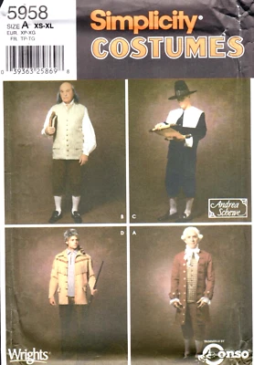 Men's Colonial Early American Costumes Simplicity Sewing Pattern 5958  XS to XL - Image 1 of 2