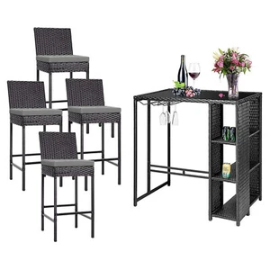 Patio Bar Set Outdoor Rattan Wicker Barstool Furniture table stools w/ Cushions - Picture 1 of 21