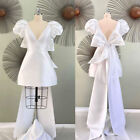 Simple Satin Wedding Dresses Mini with Big Bow V Neck Puffy Sleeve Bridal Gowns