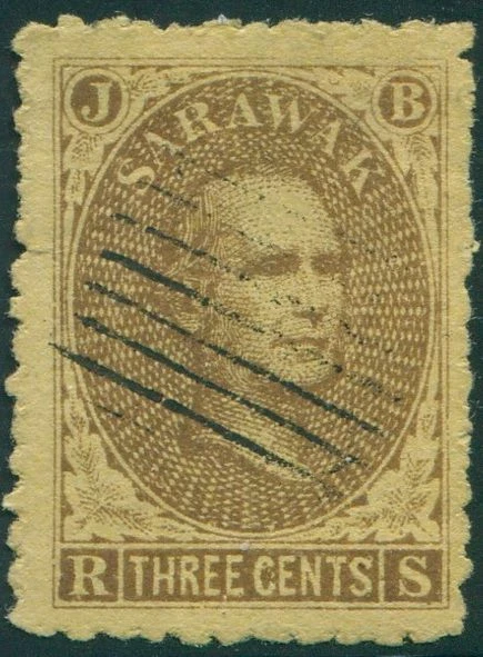 Malasia Sarawak 1869 SG1 3c marrón sobre amarillo Sir James Brooke FU Foto 1 de 1