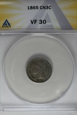 1865  .03  ANACS  VF 30  Three Cent Nickel, Liberty Three Cent Piece - Image 1 of 2