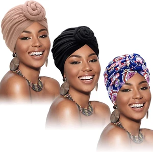 3 Pieces African Turban for Women Knot Pre-Tied Bonnet Beanie Cap Headwrap - Picture 1 of 6