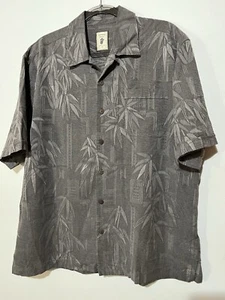 Jamaica Jaxx Hawaiian Shirt 100% Silk Mens Large Grey Bamboo Textured Buttons - Picture 1 of 8