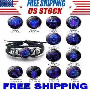 Pulsera luminosa de cuero trenzado unisex con las 12 constelaciones Signo Zodiac - Picture 1 of 33
