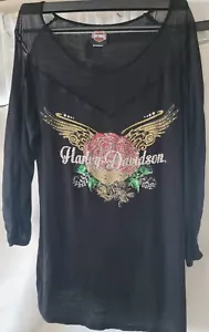 Harley Davidson L Black Mesh Upper Rhinestone Bling 3/4 Sleeve Shirt Top. D - Picture 1 of 7
