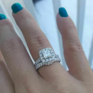 2.50Ct Simulated Diamond Engagement Halo Bridal Ring Set 14K White Gold Finish - Picture 1 of 4