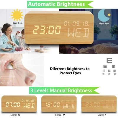 Digital LED Alarm Clock, Wood Desk Clock Date Time Week and Temperature - Image 1 of 4