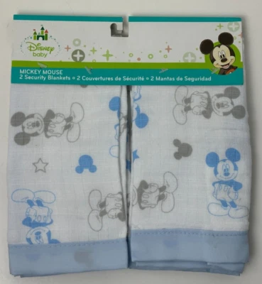 NWT Disney Baby Blue Grey White Mickey Mouse Muslin Satin Security Blanket  -2PK - Image 1 of 4