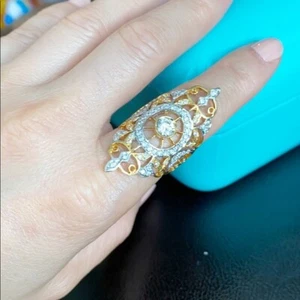 14K Solid Real Yellow Gold Women Statement Cocktail Ring - size 6.25 - R28 - Picture 1 of 12