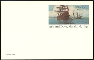 Tarjeta postal U.S. Scott # UX101 1984 13c Ark and Dove, Maryland, 1634 sin usar - Imagen 1 de 1