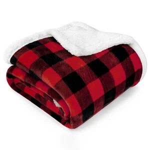 Black and Red Buffalo Plaid Sherpa Throw Blanket for Couch, Plush Red Black C... - Picture 1 of 8
