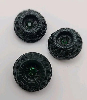 Vintage Dark Green Floral Molded Plastic Rhinestone Center Button Lot Of 3 - Image 1 of 4