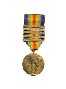 WW I Victory Medal w 5 Battle Bars rainbow ribbon gold tone vintage USA - Picture 1 of 18