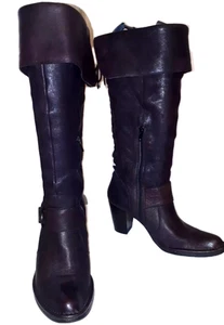 CLARKS UK 5.5 Aubergine leather 3" heel adjustable calf 1/2 zip below knee boots - Picture 1 of 16