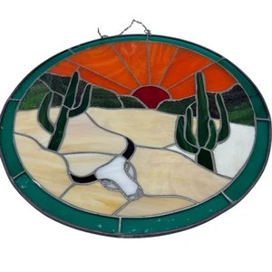 Handmade Stained Glass Desert Scene Southwestern Hanging Decor Cactus 19 Inhes - Picture 1 of 11