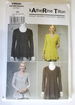 Vogue Patterns Katherine Tilton V8691 Women's Loose Top Pattern Size 8-14 Uncut - Image 1 of 2