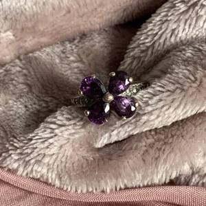 DAMENRING VERSILBERT AMETHYST KRISTALL BLUME VIERFACHFOLIE - Bild 1 von 7