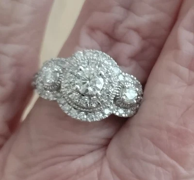 Кольцо с тремя камнями размер 5 Pave Diamond 14k коктейльное/помолвочное/прошлое настоящее будущее - Изображение 1 из 4