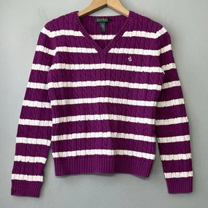 Maglione Ralph Lauren Cable Knit taglia S viola a righe Preppy Academia Old Money - Foto 1 di 10