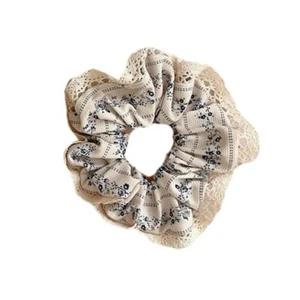 White Velvet Floral Hair Scrunchie/ Hair Tie With White Lace Edges - Picture 1 of 2