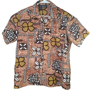 Roundy Bay Mens M Hawaiian Camp Shirt Floral Print Brown Yellow White Geometric - Picture 1 of 7