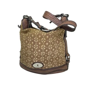 Fossil Large Maddox Brown Leather Printed Canvas Bucket Hobo Shoulder Bag Purse - Picture 1 of 7